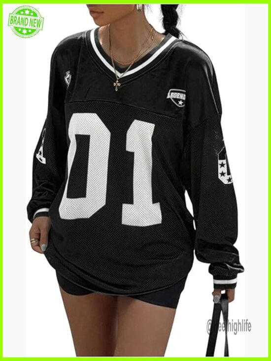 Tops - Oversized V-Neck Long Sleeve Graphic T-Shirt Loose Fit Jersey